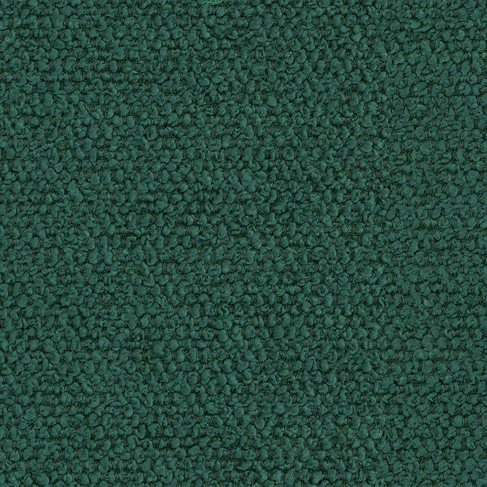 Close-up of deep green boucle upholstery fabric in 100% polyester showing a tight looped texture, ideal for sofas and durable upholstery.
