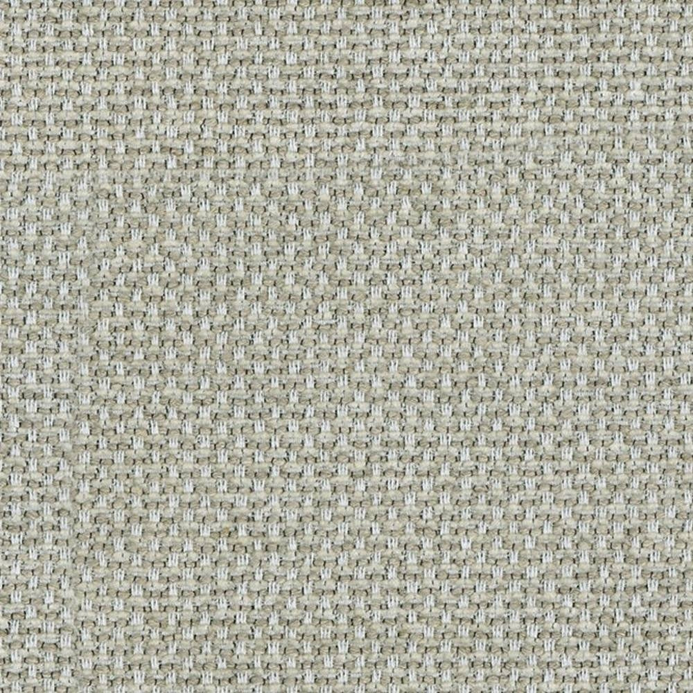 Close-up of beige woven upholstery fabric showing a subtle basket-weave texture, made from a viscose, linen, acrylic and polyester blend for indoor sofa use.