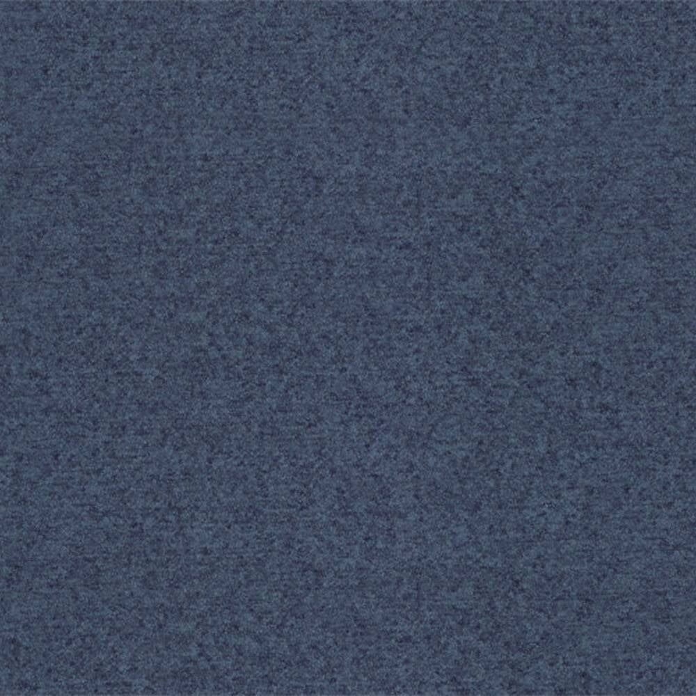 Close-up of a denim-blue 100% polyester upholstery fabric swatch with a fine mottled texture, shown flat for sofa and office use.