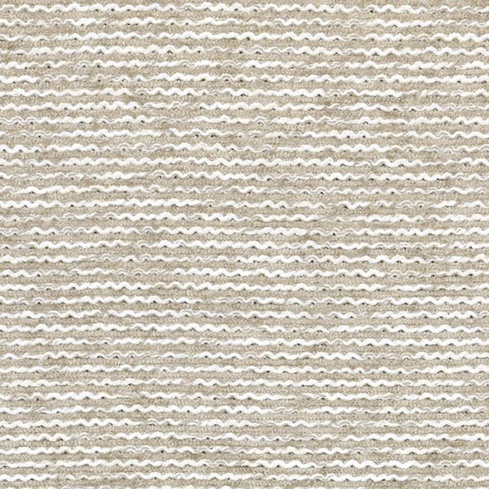 Close-up of beige upholstery fabric (55% viscose, 45% polyester) showing narrow wavy horizontal stripes in beige and white with a looped, bouclé-like textured weave for sofa upholstery.
