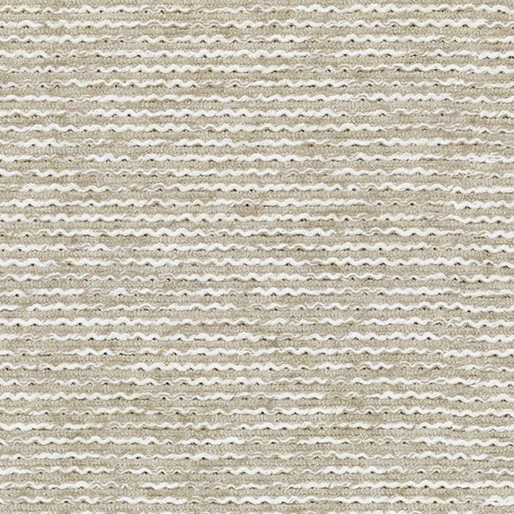 Close-up of beige viscose-polyester upholstery fabric with wavy horizontal ribbed texture and subtle tonal variations, shown as a neutral indoor sofa fabric sample.