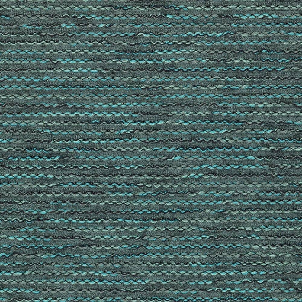 Close-up of teal and charcoal woven upholstery fabric with horizontal textured rows, showing looped 55% viscose/45% polyester yarn and subtle color variation suitable for sofa upholstery.