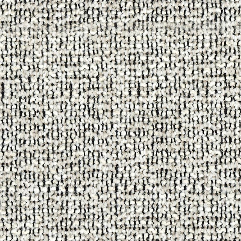 Close-up of cream and white looped bouclé upholstery fabric with dark flecked threads, showing a textured heavy-duty weave ideal for contemporary sofa upholstery (70% acrylic, 30% polyester).