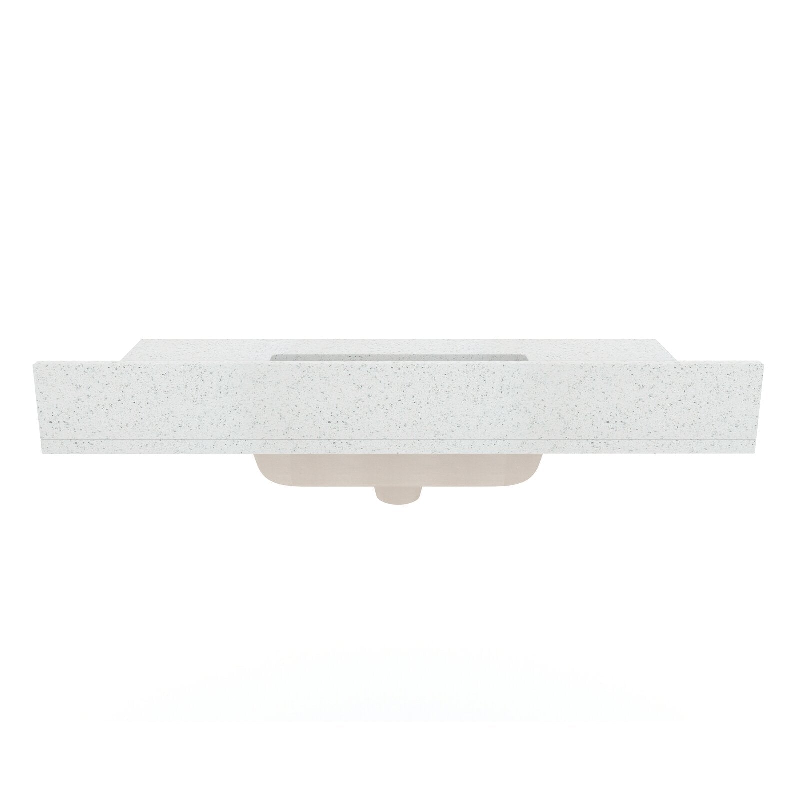 Top view of a speckled stone vanity top in stone color with an integrated rectangular ceramic sink and exposed beige basin underside, shown on a white background.