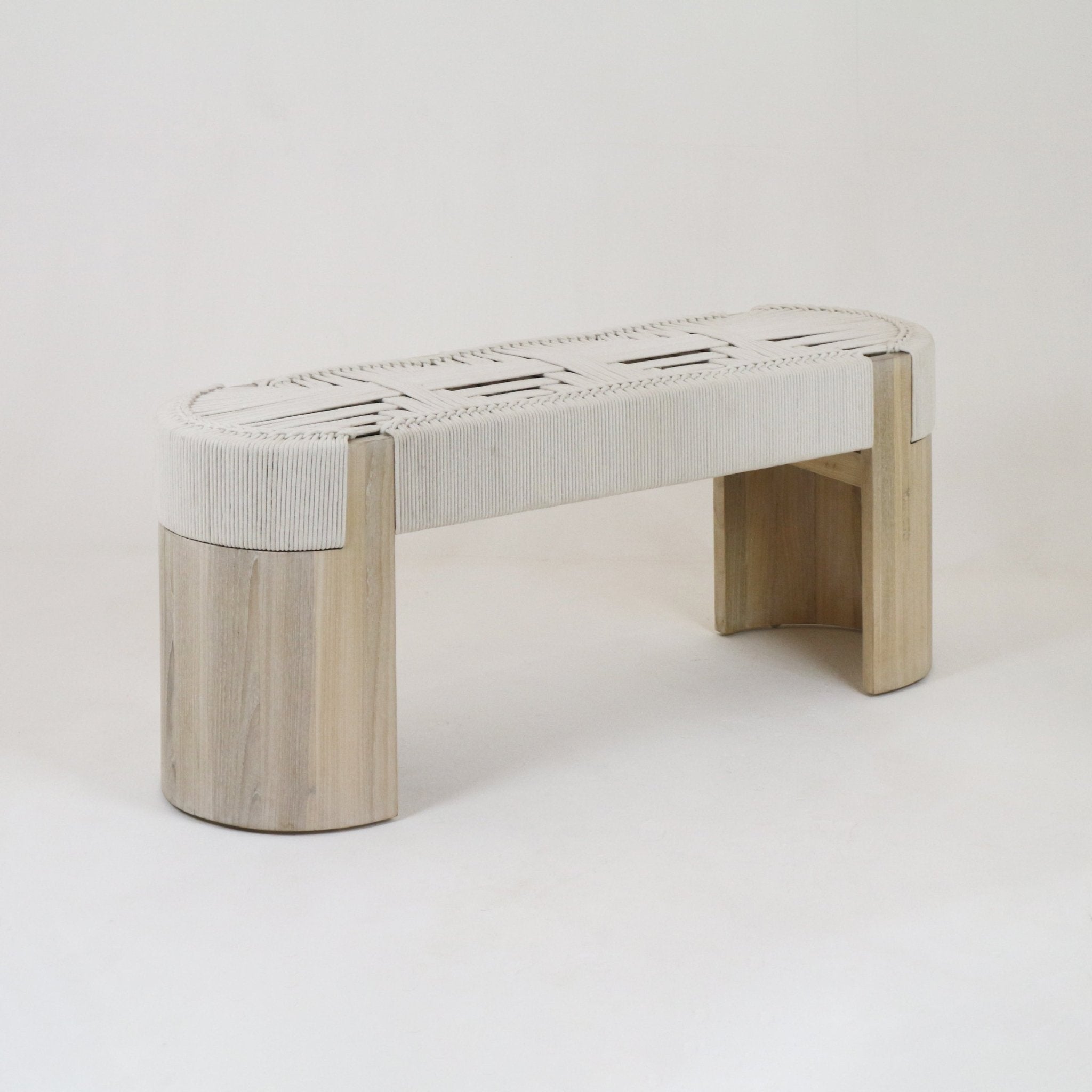 Modern woven-rope entry bench with cream fabric-wrapped seat and woven top detail, set on a natural oak frame with rounded legs, armless design suitable for an entryway, foyer, or hallway.