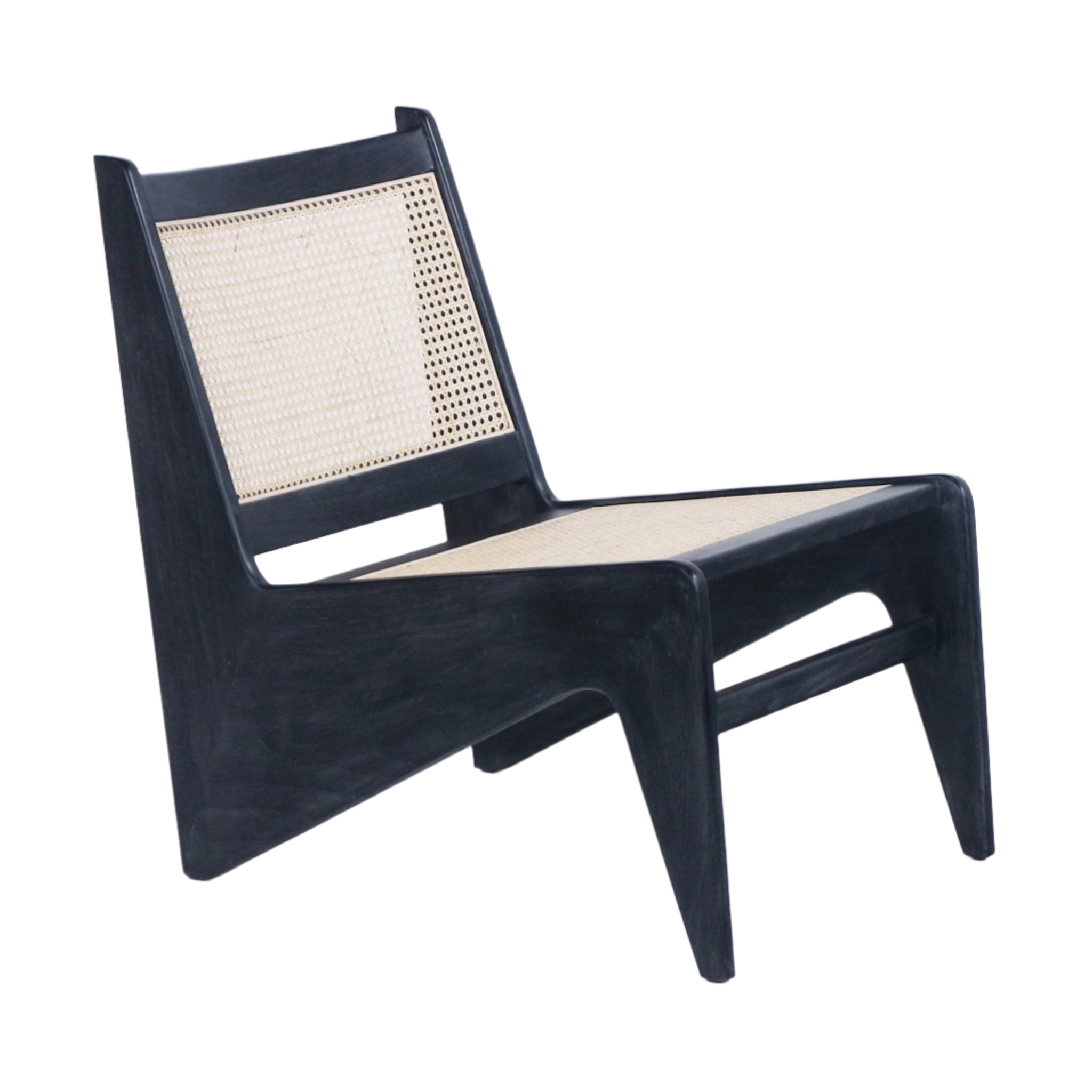 Low mid-century modern lounge chair with a smoked-black solid teak frame and natural woven cane seat and back, armless silhouette and gently angled legs.