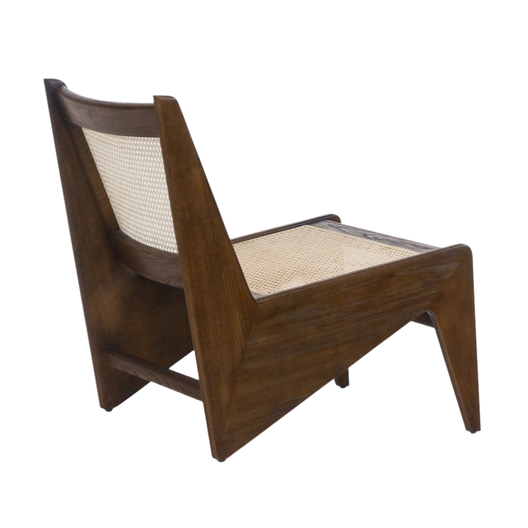 Three-quarter rear view of a mid-century modern low-profile teak lounge chair with warm brown solid wood frame and natural woven cane seat and back.