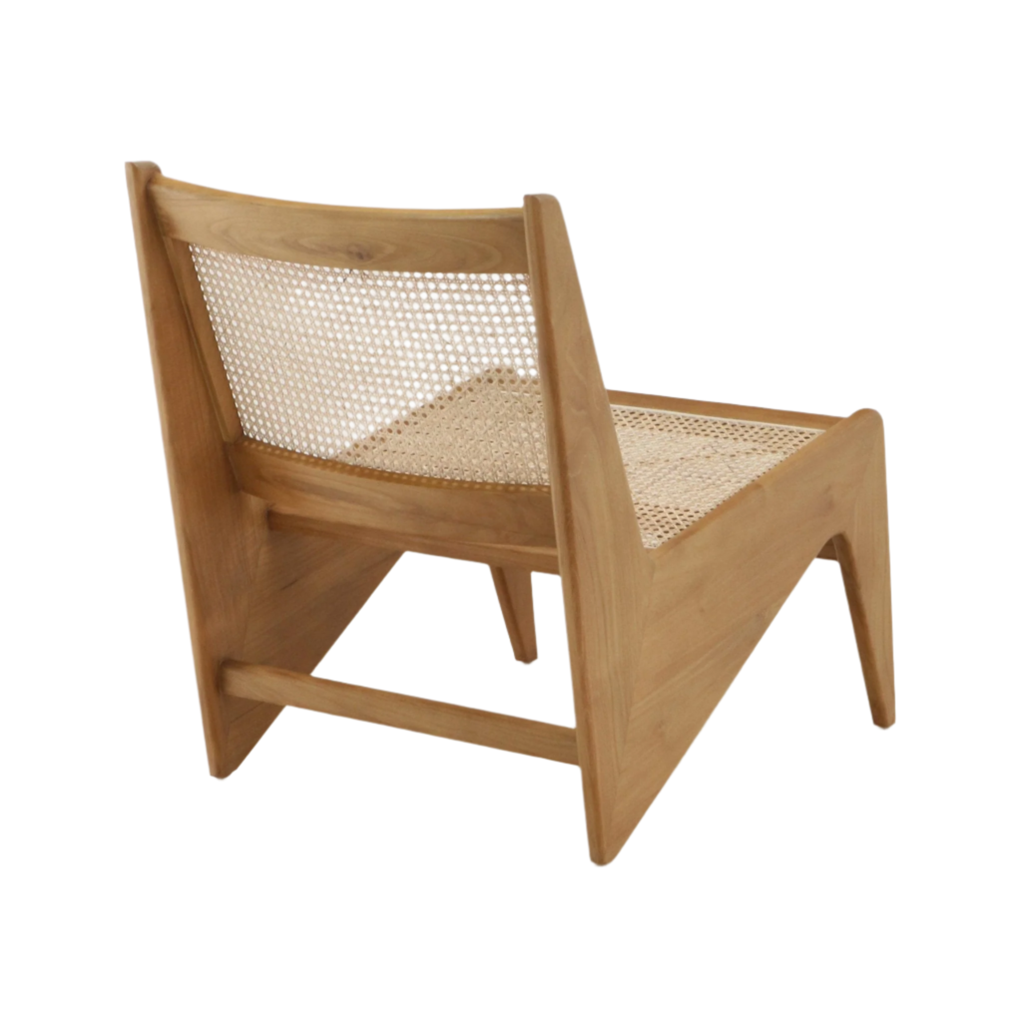 Rear three-quarter view of a mid-century modern lounge chair in natural teak with woven cane seat and back, featuring a low solid wood frame and angled legs.