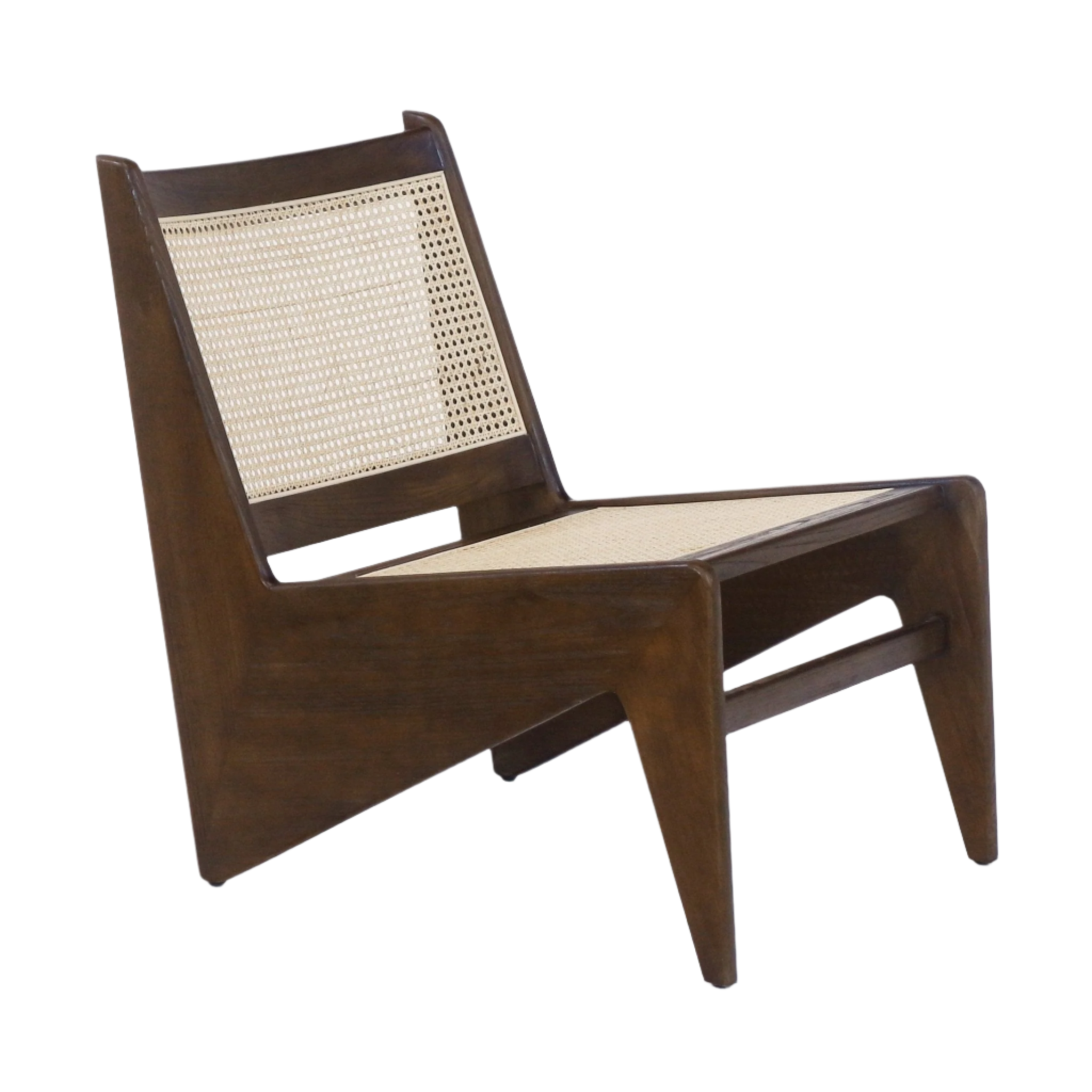 Low mid-century modern lounge chair in warm teak finish with natural woven cane seat and back, armless solid wood frame with angled legs.