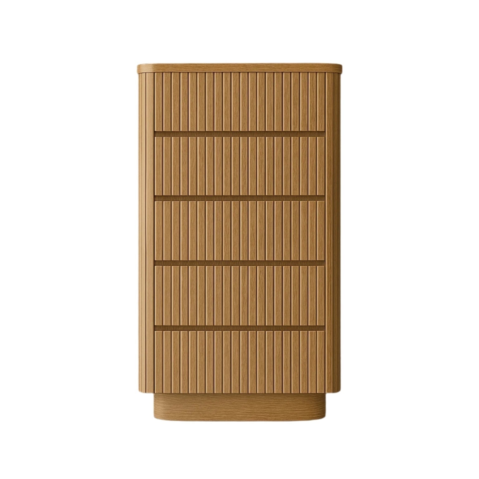 Tall modern dresser in natural oak with fluted vertical slats across the drawer fronts, recessed horizontal reveals between drawers, rounded corners and base, finished in a warm natural wood tone for a minimalist look.