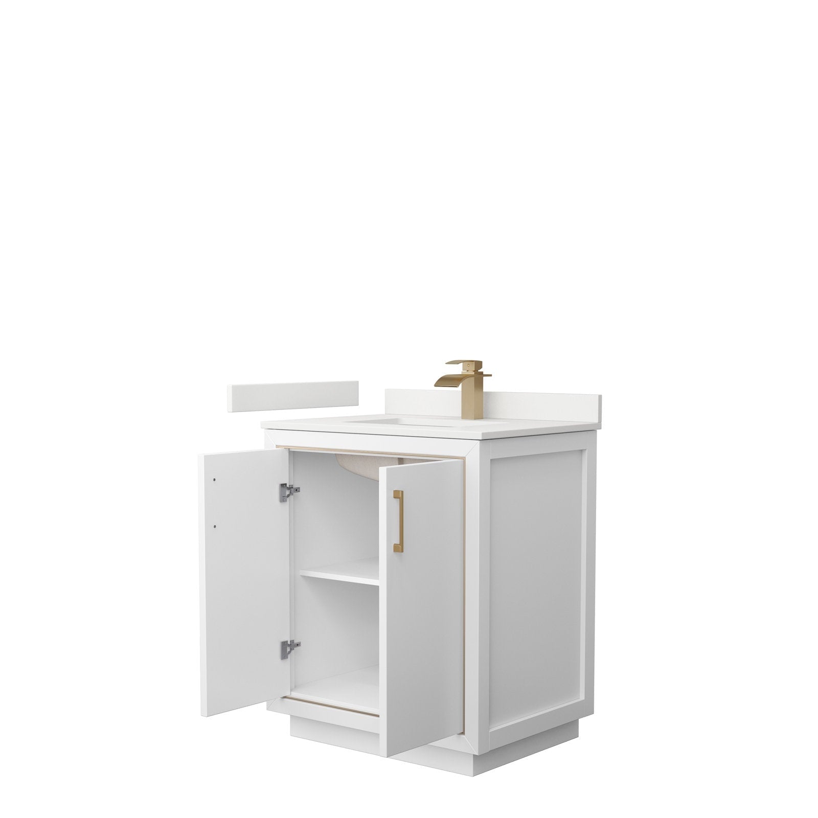 Freestanding 30-inch modern solid wood bathroom vanity in stone finish with stone top and integrated ceramic sink, brushed gold faucet and handle, both doors open to reveal an interior shelf.