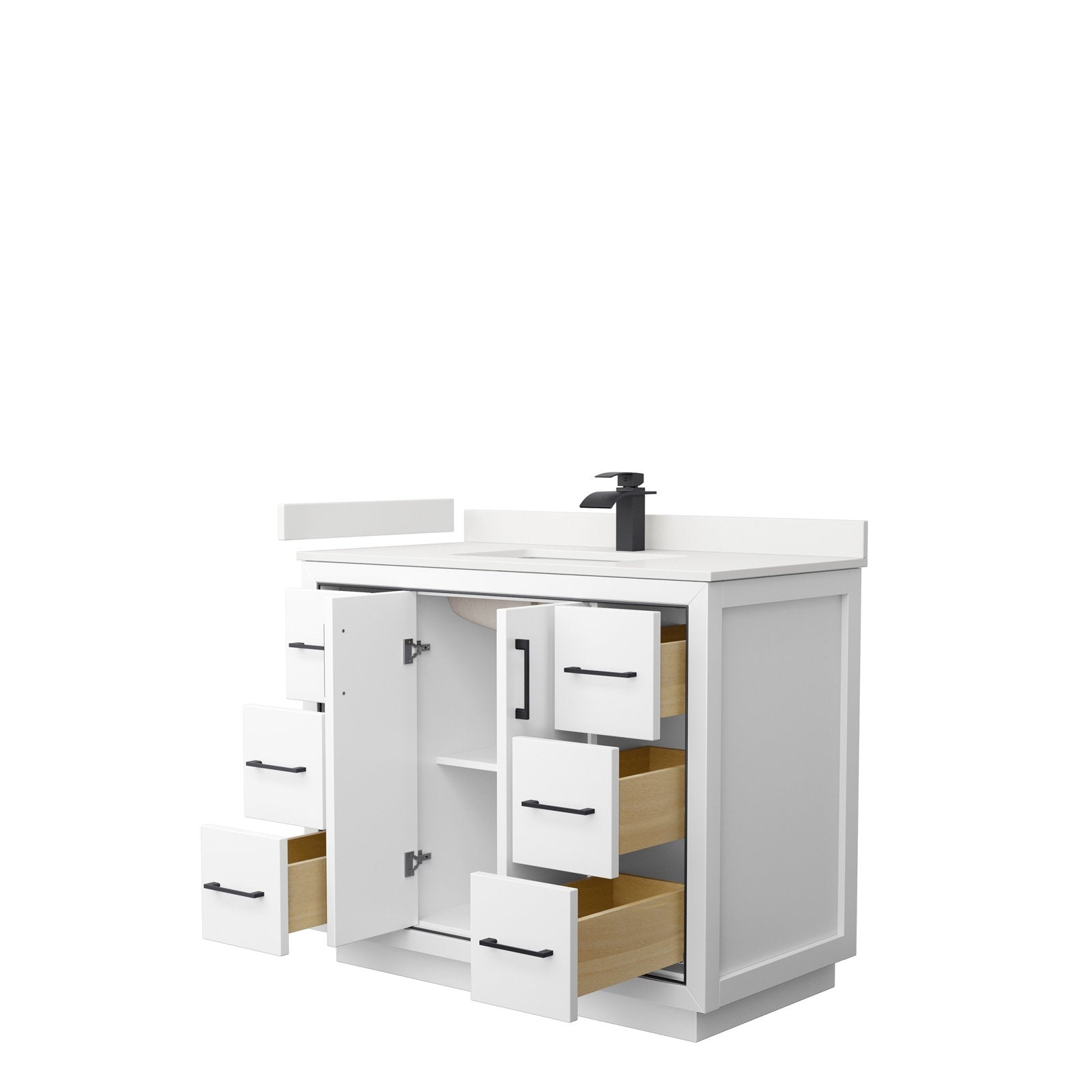 42-inch modern solid wood bathroom vanity in stone white with a stone top and single rectangular sink, matte black faucet and pulls, six open drawers showing natural wood interiors and an open center cabinet with shelf.