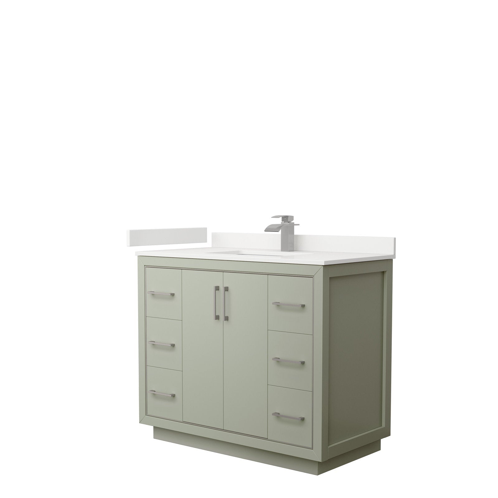 Modern 42-inch stone-colored solid wood bathroom vanity with white stone countertop and integrated ceramic sink, center double doors, three drawers on each side, and brushed-nickel single-lever faucet with bar handles.