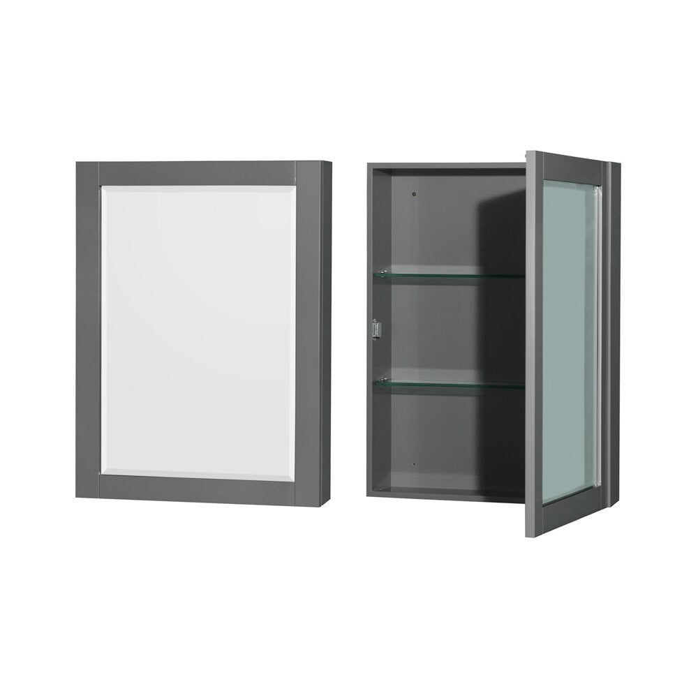 Contemporary stone-colored wood medicine cabinet set with a full mirrored door on the left and an open cabinet on the right revealing two glass shelves and a gray painted wood frame.