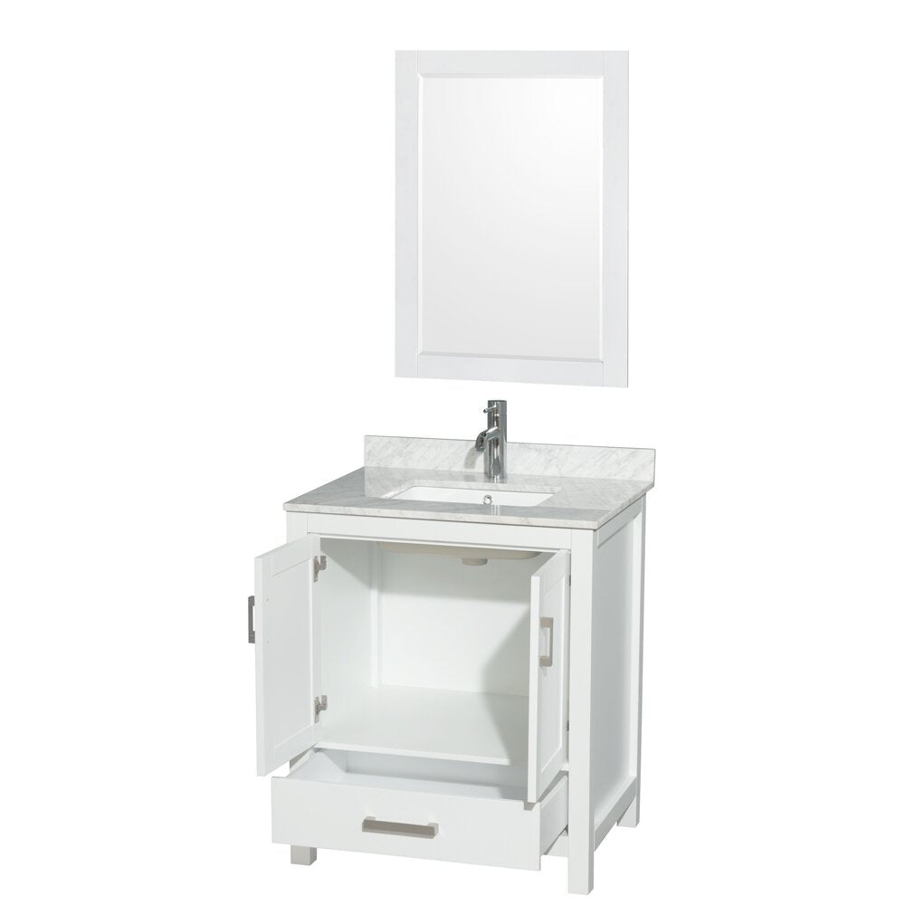 Modern white solid-wood 30-inch single-sink bathroom vanity with stone countertop and undermount ceramic sink, chrome faucet and matching framed mirror; open cabinet doors reveal interior storage and a lower pull-out drawer.