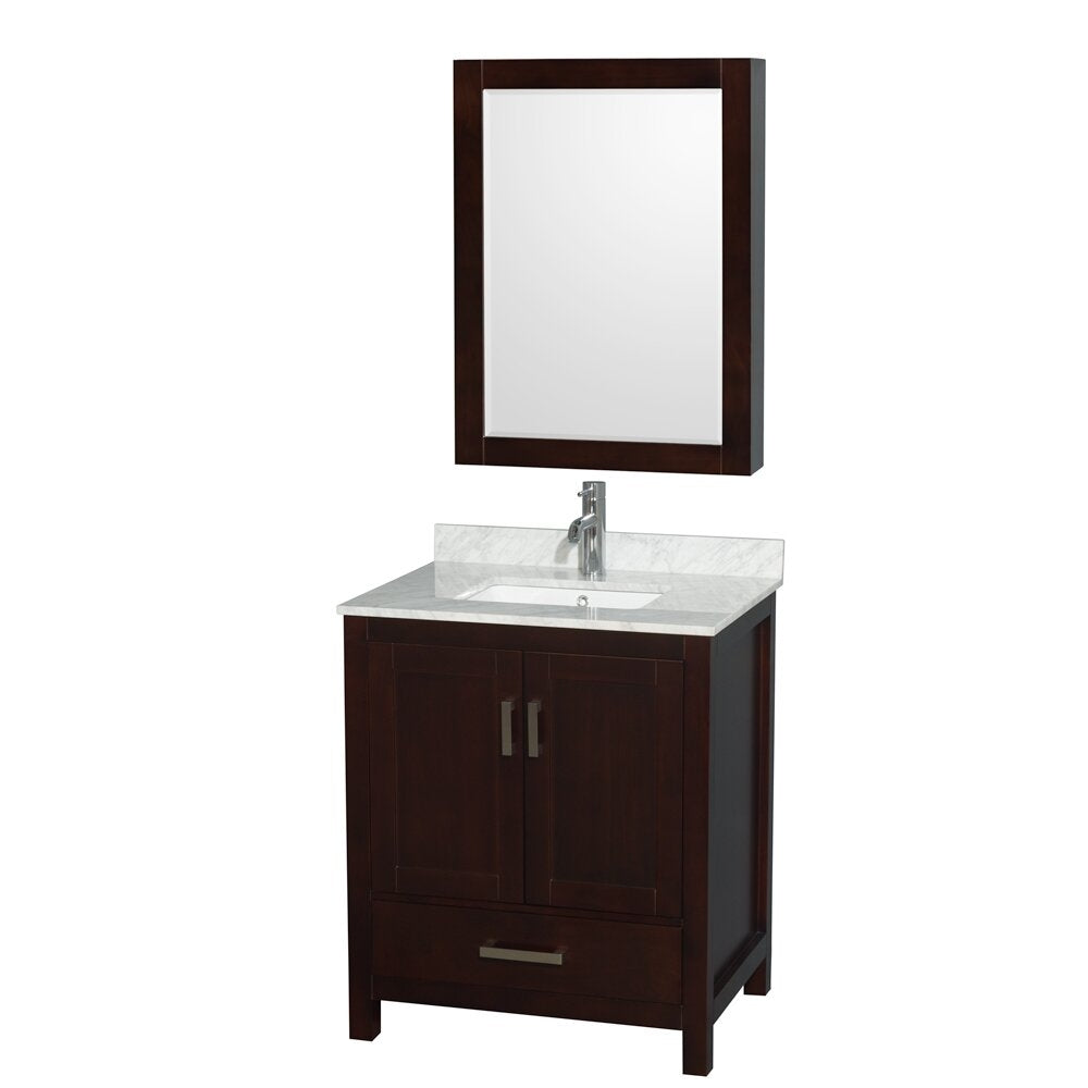 Freestanding 30-inch dark solid-wood bathroom vanity with white stone countertop, rectangular undermount ceramic sink, single chrome faucet, two-door storage and lower drawer, paired with matching framed mirror.