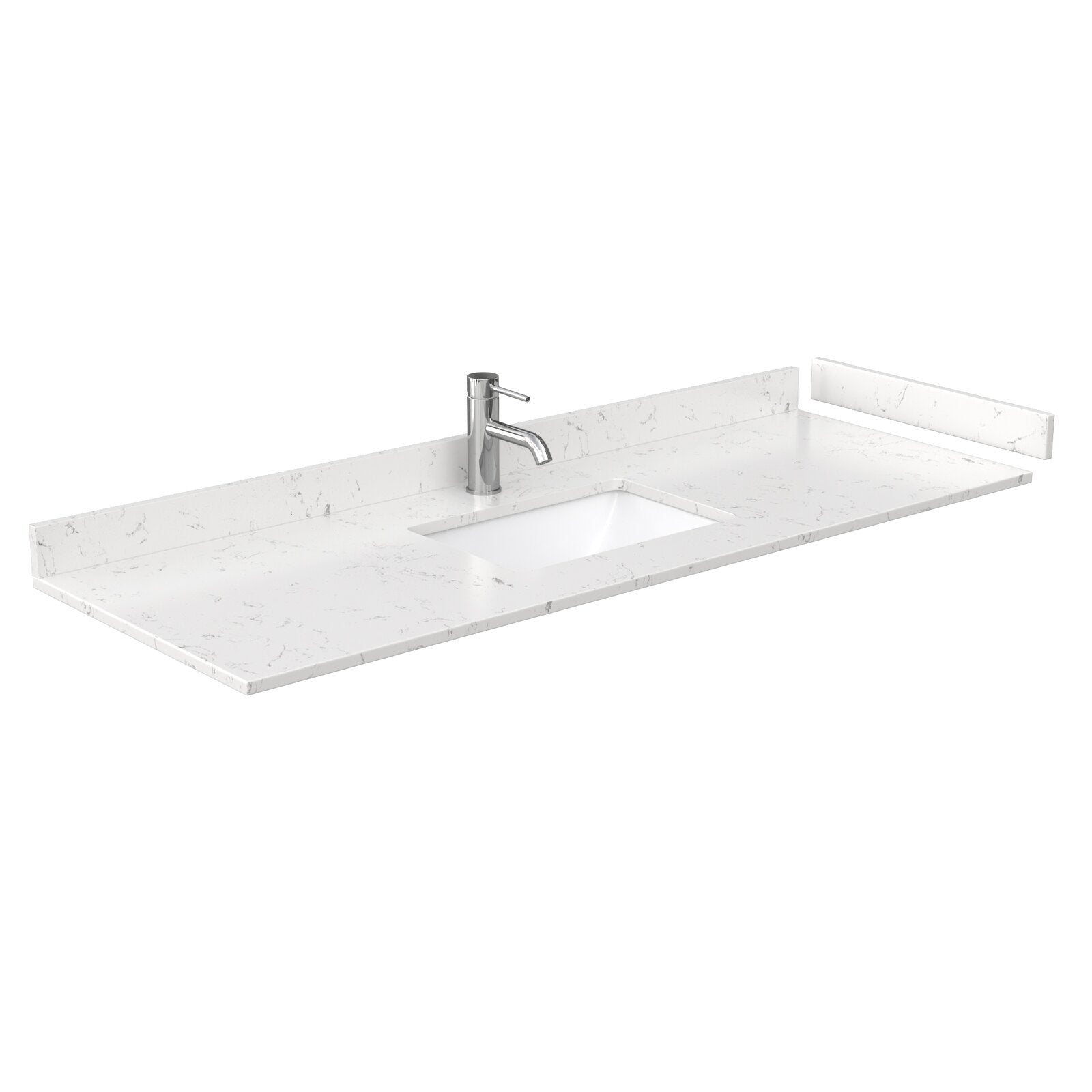 Modern stone-colored marble-look 60-inch vanity countertop with integrated rectangular undermount sink, short matching backsplash and chrome single-handle faucet.