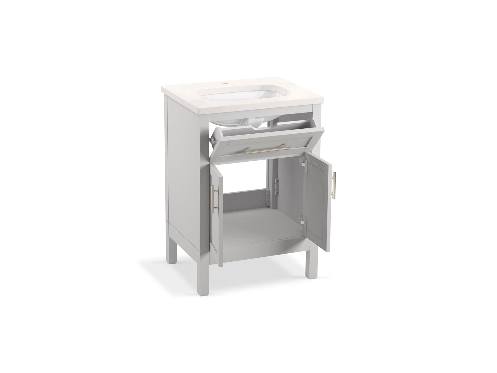25-inch freestanding modern solid wood bathroom vanity in stone finish with stone top and integrated white ceramic sink, open top drawer and open lower double doors revealing interior storage and metal pull handles.