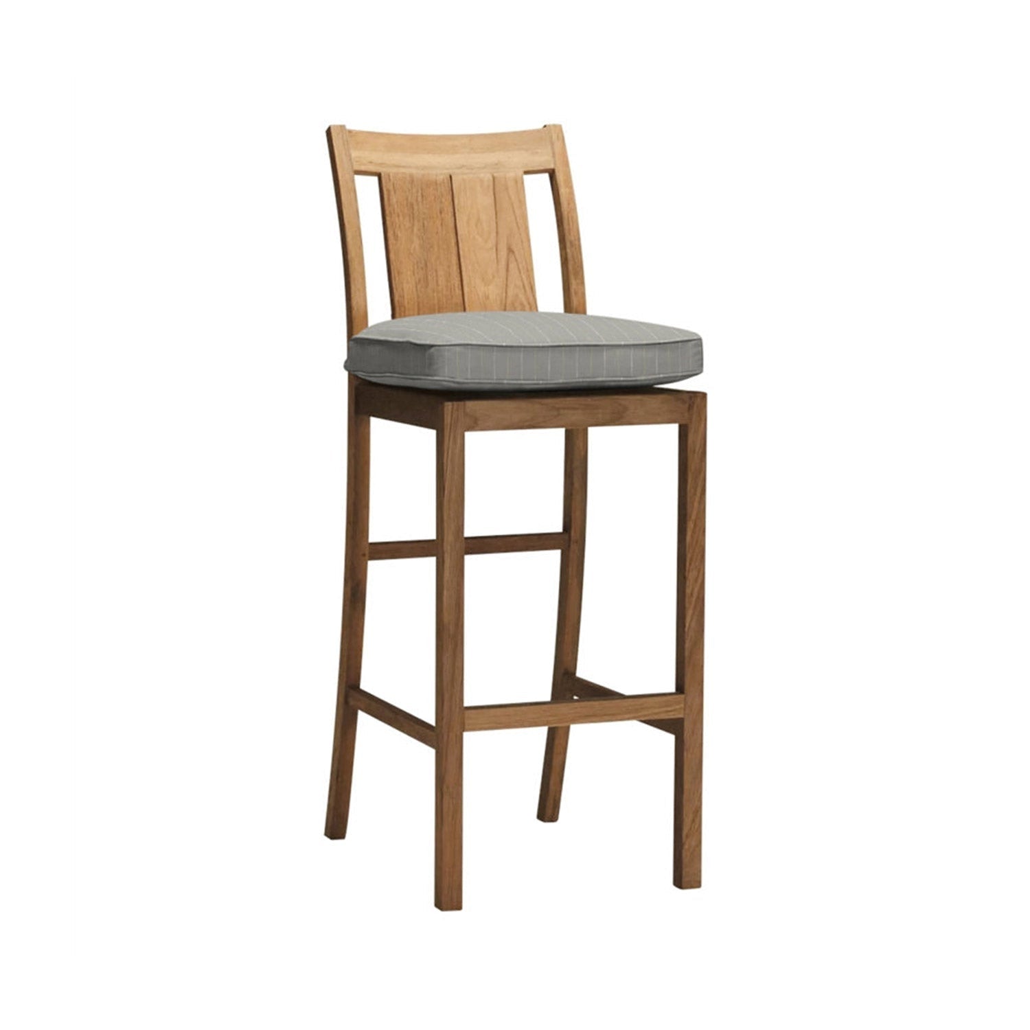 Armless teak outdoor bar stool in a natural finish featuring a curved slatted back, tall square legs and a gray pinstripe removable seat cushion, designed for coastal kitchen or patio counter seating.