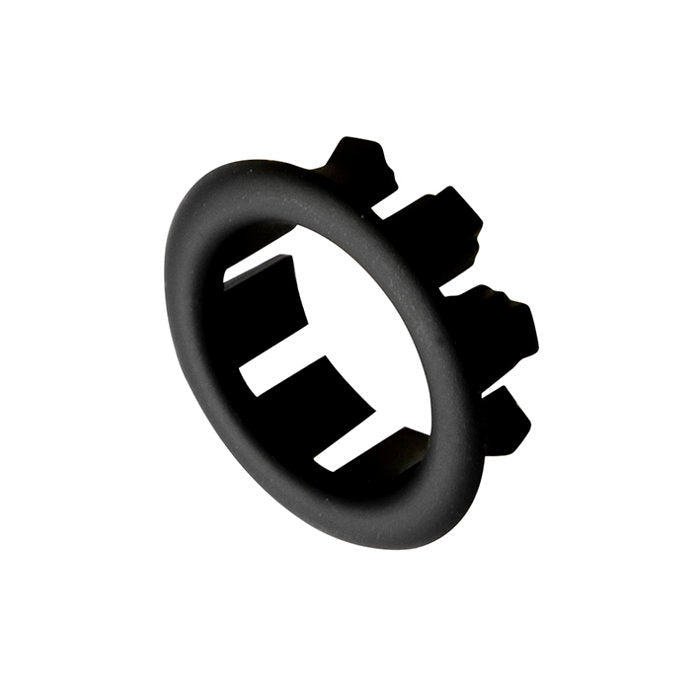 Black plastic trim ring with multiple locking tabs shown on a white background, accessory designed for modern stone-top single-sink vanities and solid wood 24.5" freestanding vanity models.