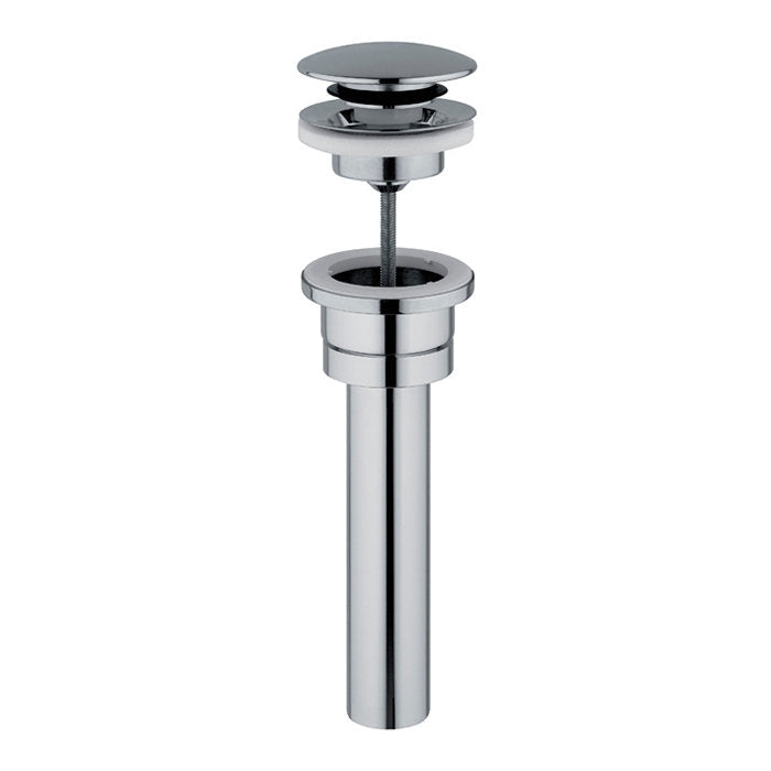 Polished chrome pop-up sink drain assembly shown partially disassembled, featuring round cap, rubber gasket, threaded rod and cylindrical tailpiece for a modern single-sink bathroom vanity.