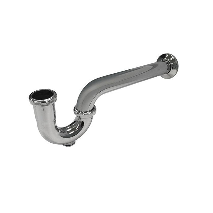Polished chrome P-trap with long horizontal tailpiece and wall flange, designed for a single-sink vanity with a smooth modern tubular finish.