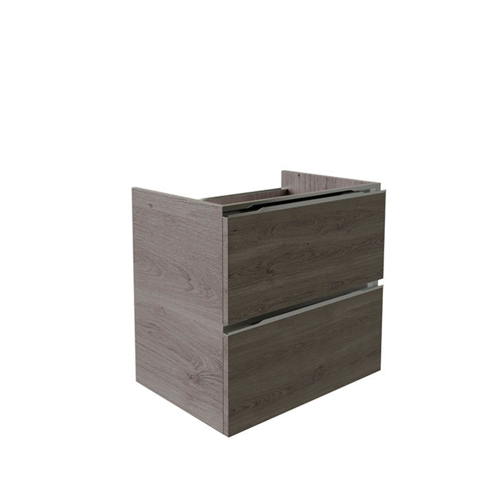 Stone-colored solid wood bathroom vanity base in a modern style, featuring two wide horizontal drawers with recessed pulls and visible wood grain, shown without a countertop or sink.