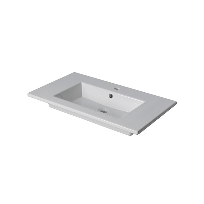 White rectangular ceramic vanity sink with integrated wide rim, single faucet hole, built-in overflow and center drain; glossy modern finish for single-sink bathroom vanities.