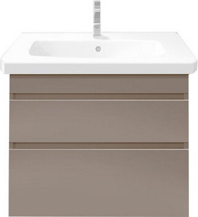 Front view of a modern wall-mounted bathroom vanity in stone-colored solid wood with a white integrated ceramic sink and single center faucet hole, featuring two drawers with slim horizontal grooves.