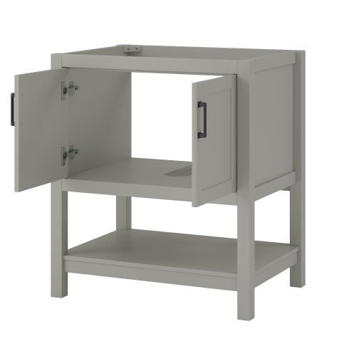 31-inch modern solid wood bathroom vanity in black with a quartz countertop cutout, two hinged doors opened to reveal interior storage, lower open shelf, square legs and black bar handles.