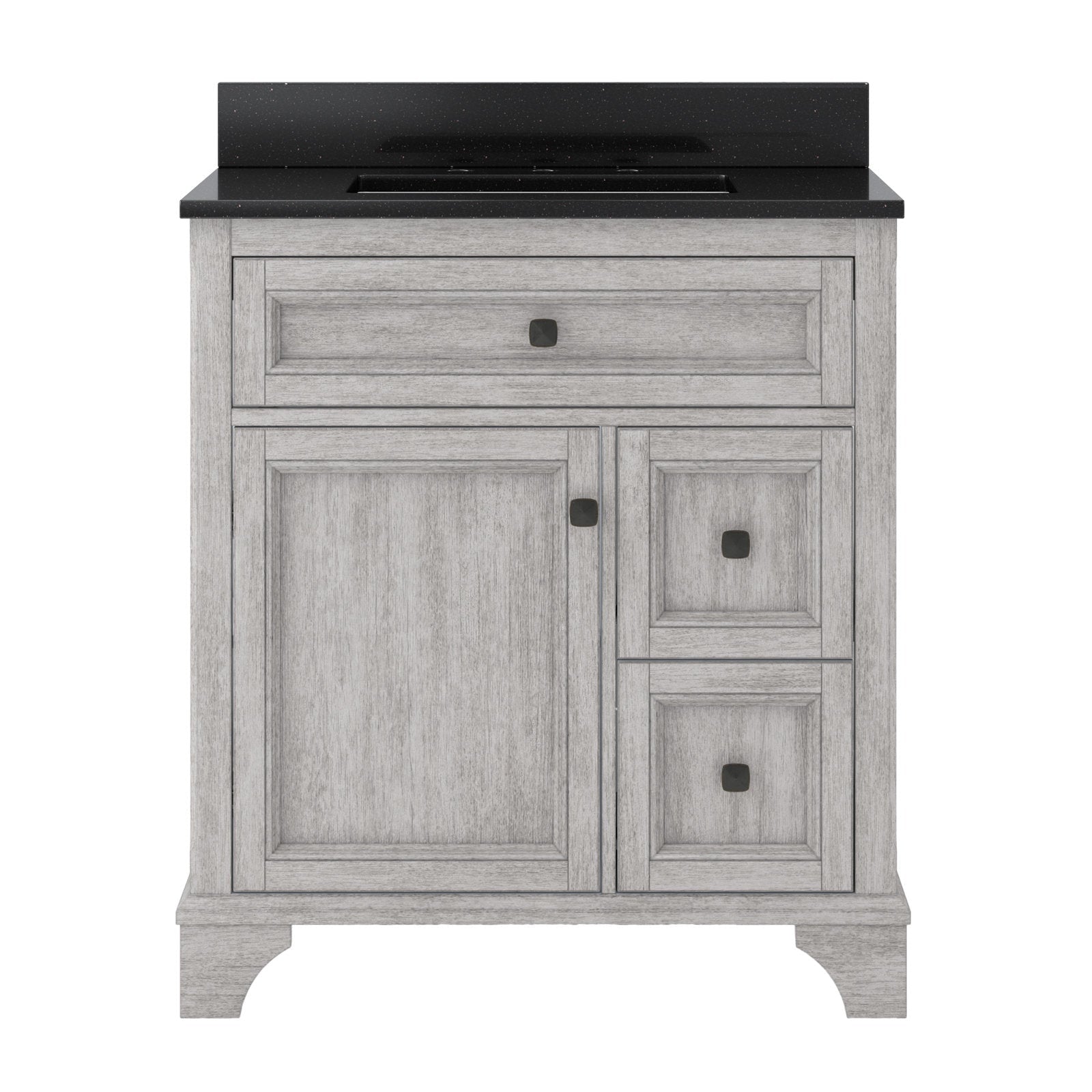 31-inch freestanding single-sink vanity with a black quartz countertop and integrated rectangular sink; solid wood weathered-gray cabinet with a full-width top drawer, one large door, two stacked side drawers and dark square knobs.