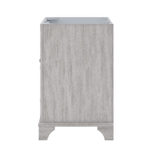 Side view of a modern solid wood freestanding bathroom vanity in a light gray wood finish, showing the open top cavity and decorative arched base feet.