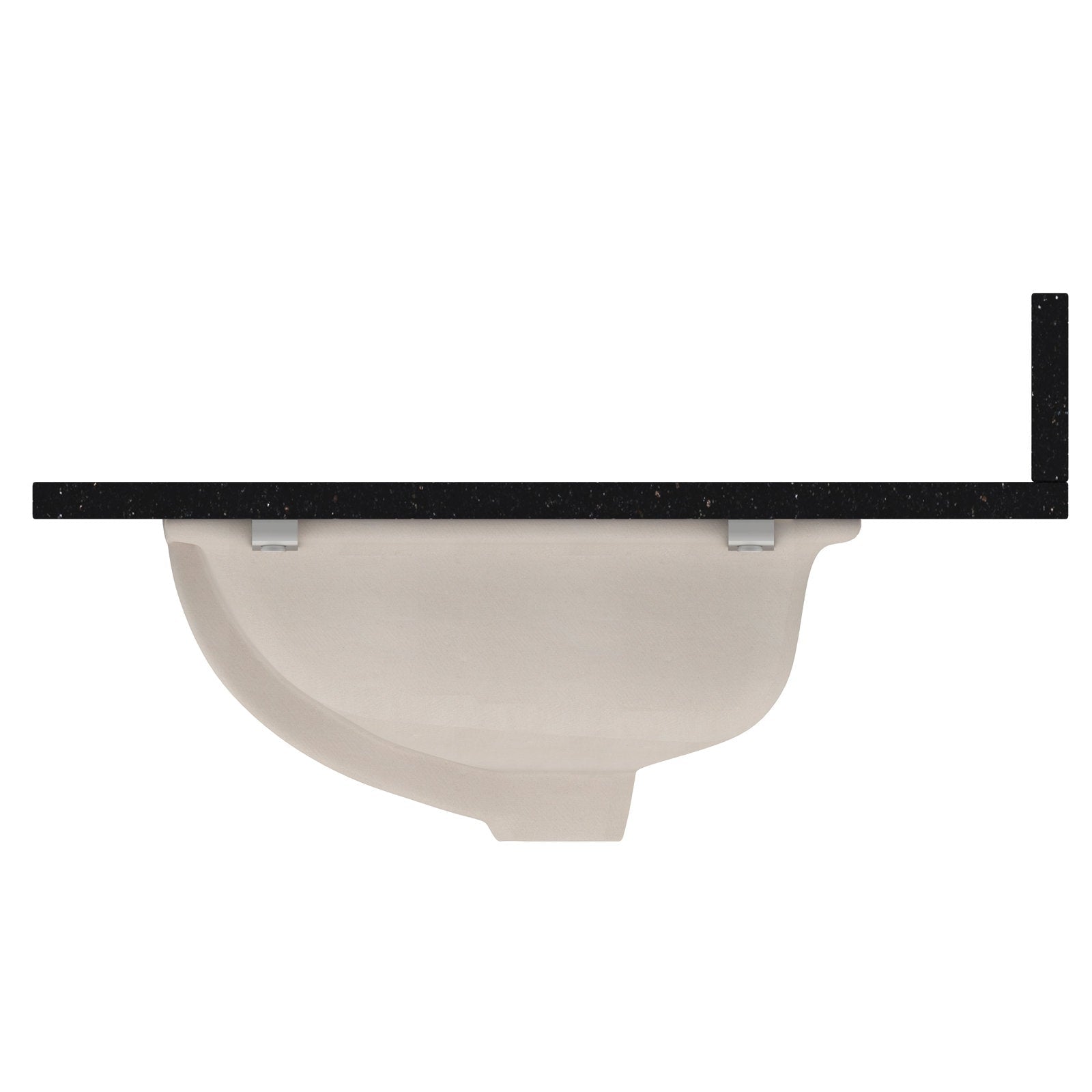 Side profile of a modern light-beige undermount ceramic sink secured beneath a black speckled quartz countertop, showing metal mounting clips and a short matching quartz backsplash on the right.