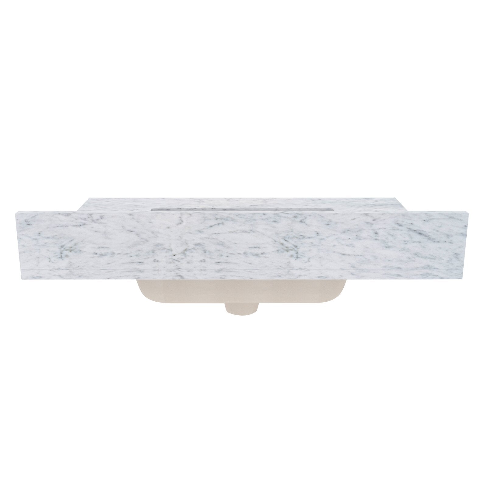 Front view of a white quartz vanity top with soft gray veining and a centered undermount rectangular sink, showing the sink basin underside against a clean white background.