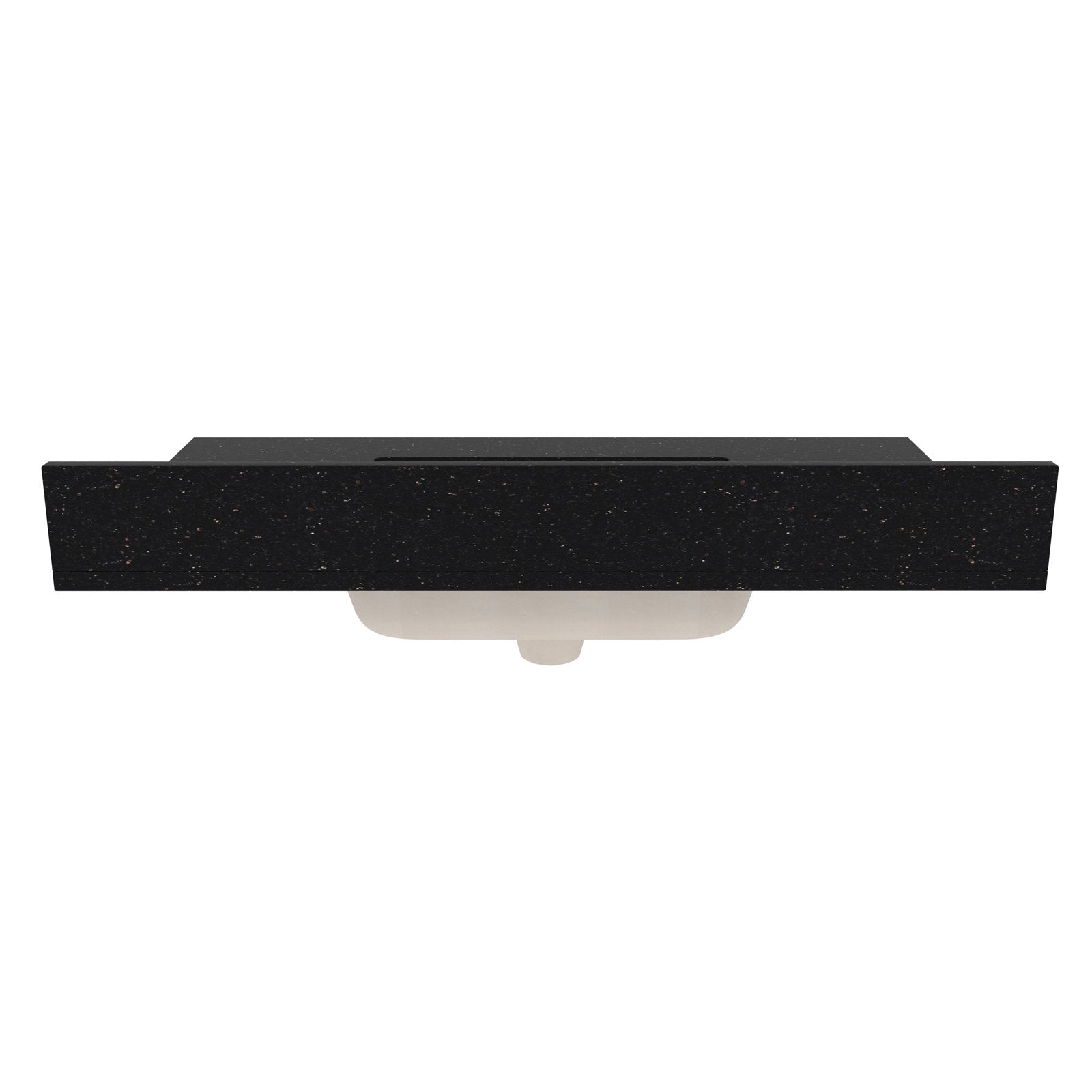 Black speckled marble bathroom vanity top with a central rectangular basin cutout and white ceramic undermount sink visible from below.