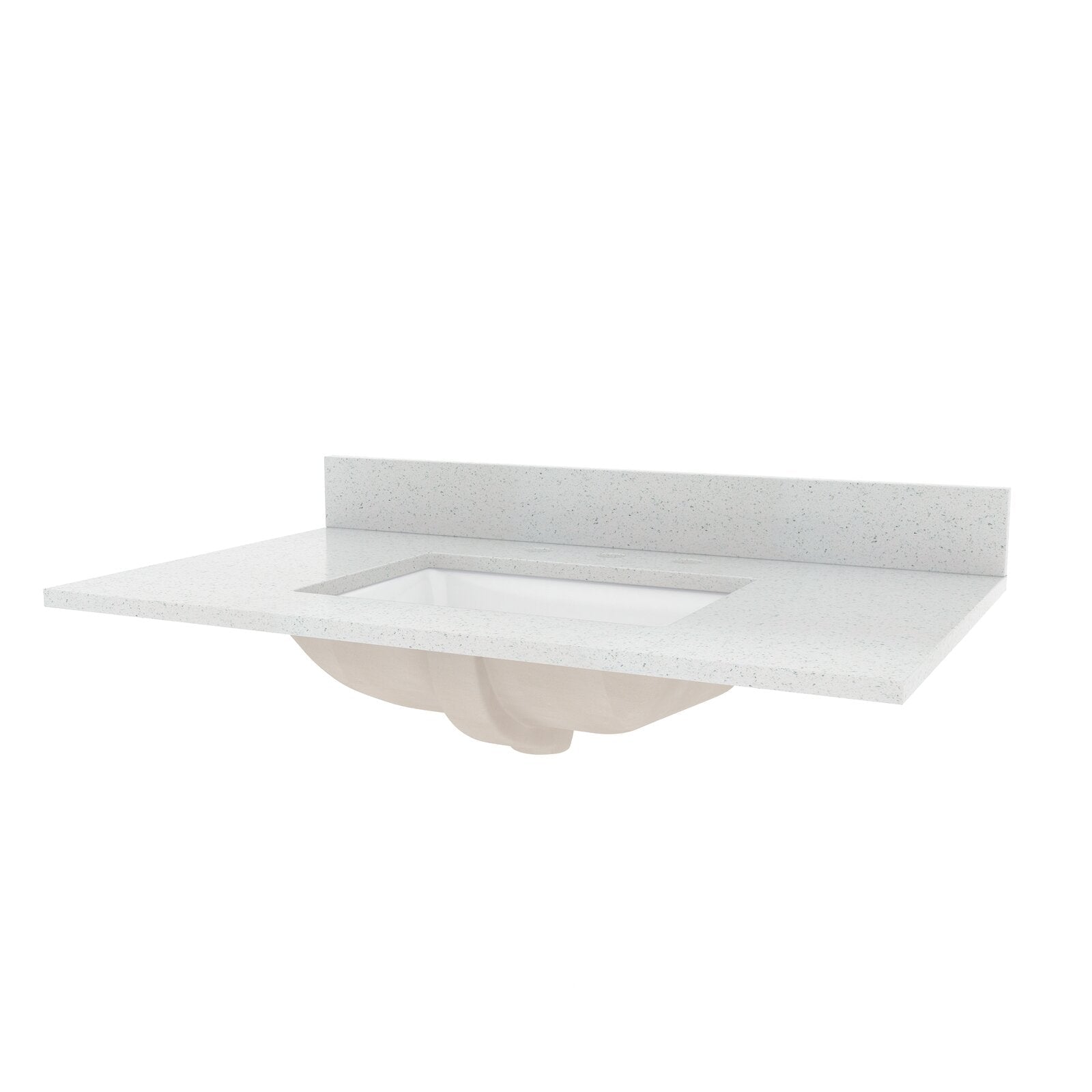 White speckled marble vanity top with integrated rectangular undermount ceramic sink and matching low backsplash, shown without faucet or cabinet to highlight the glam bathroom vanity surface.