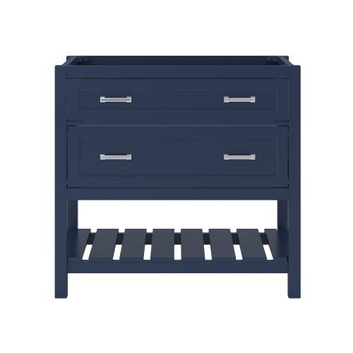 Freestanding navy solid wood 37-inch single-sink bathroom vanity with two soft-close drawers, rectangular chrome bar handles, and a slatted open bottom shelf.