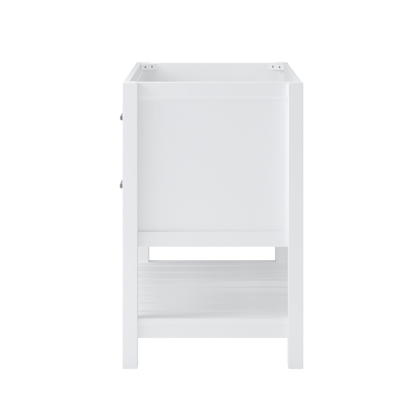 Front view of a white solid-wood freestanding bathroom vanity base featuring a recessed drawer section, open slatted lower shelf and visible side hardware; shown without countertop and sized for a single sink marble top.