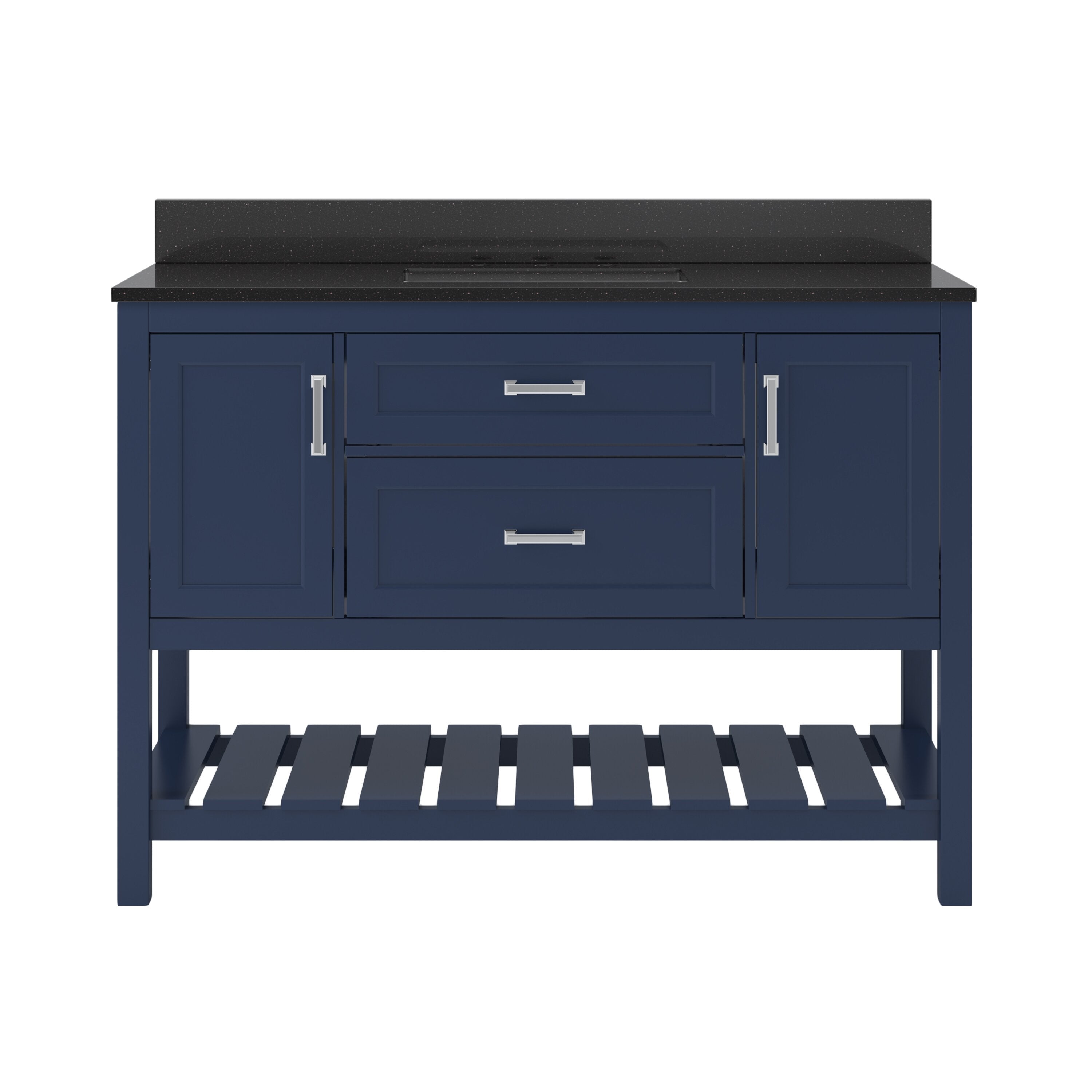 49-inch solid wood freestanding single-sink bathroom vanity with black quartz countertop and backsplash, two center drawers, flanking cabinet doors with chrome handles, and an open slatted lower storage shelf.