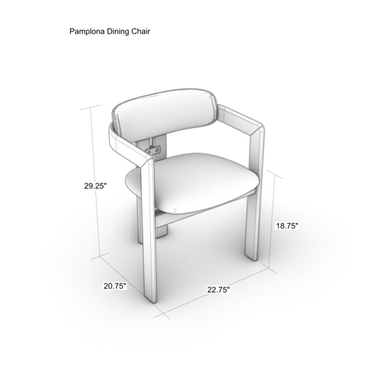 Isometric product drawing of a mid-century modern teak dining chair with curved nubuck leather upholstered seat and back and open wooden arm frames, shown with dimension callouts: 29.25" H, 18.75" seat H, 22.75" W, 20.75" D.