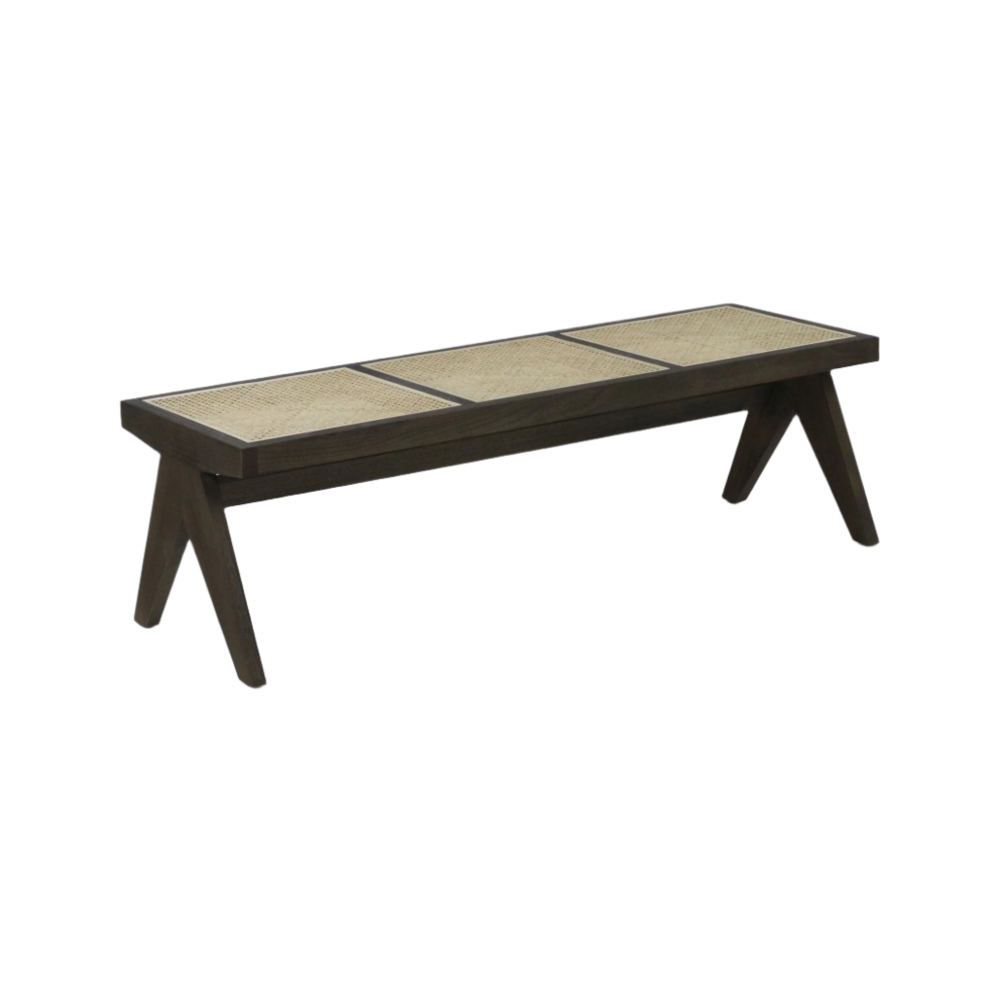 Backless natural wood bench with three woven cane seat panels set into a dark solid-wood frame and angled A-shaped legs, photographed on a white background.