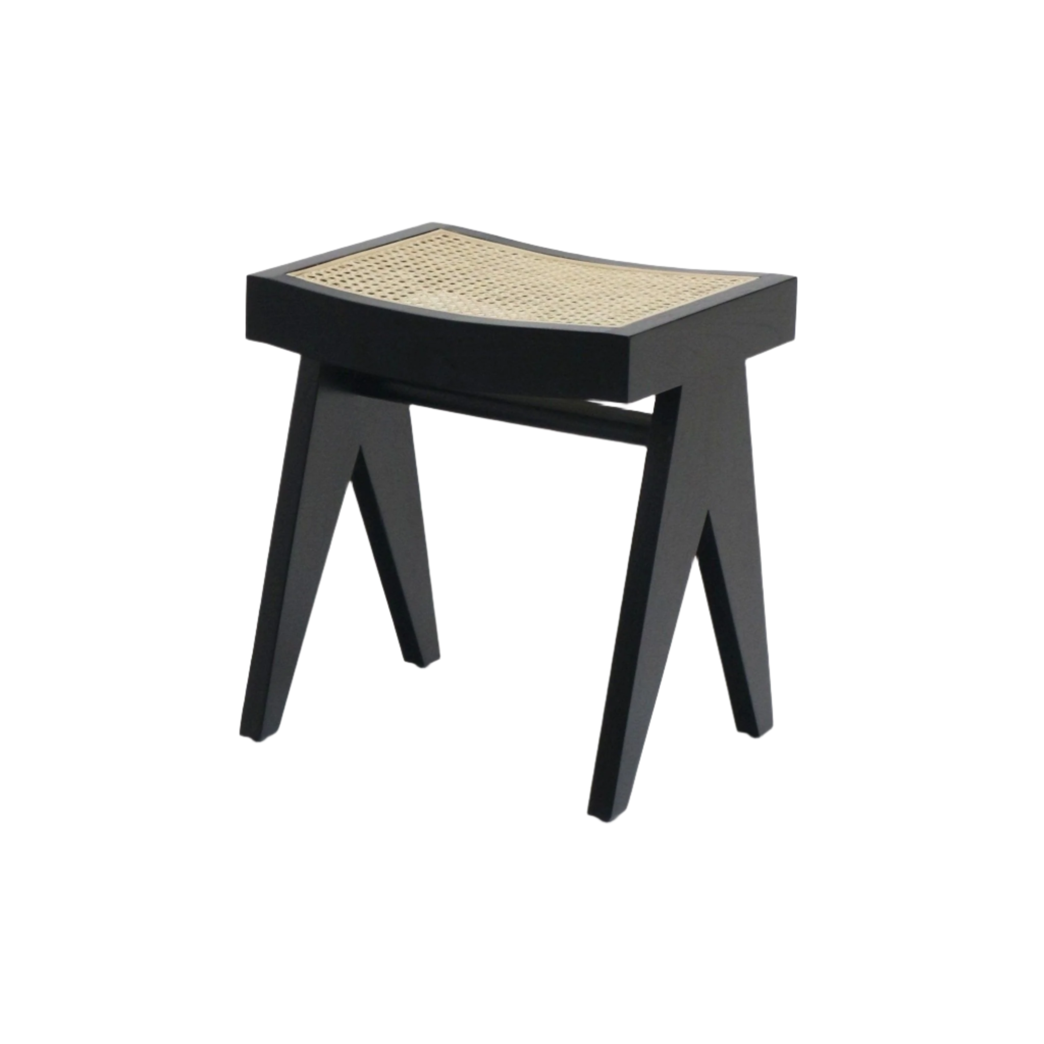 Backless footstool with a black solid wood frame and woven natural cane seat, A-shaped legs and a gently curved top in a mid-century modern style.