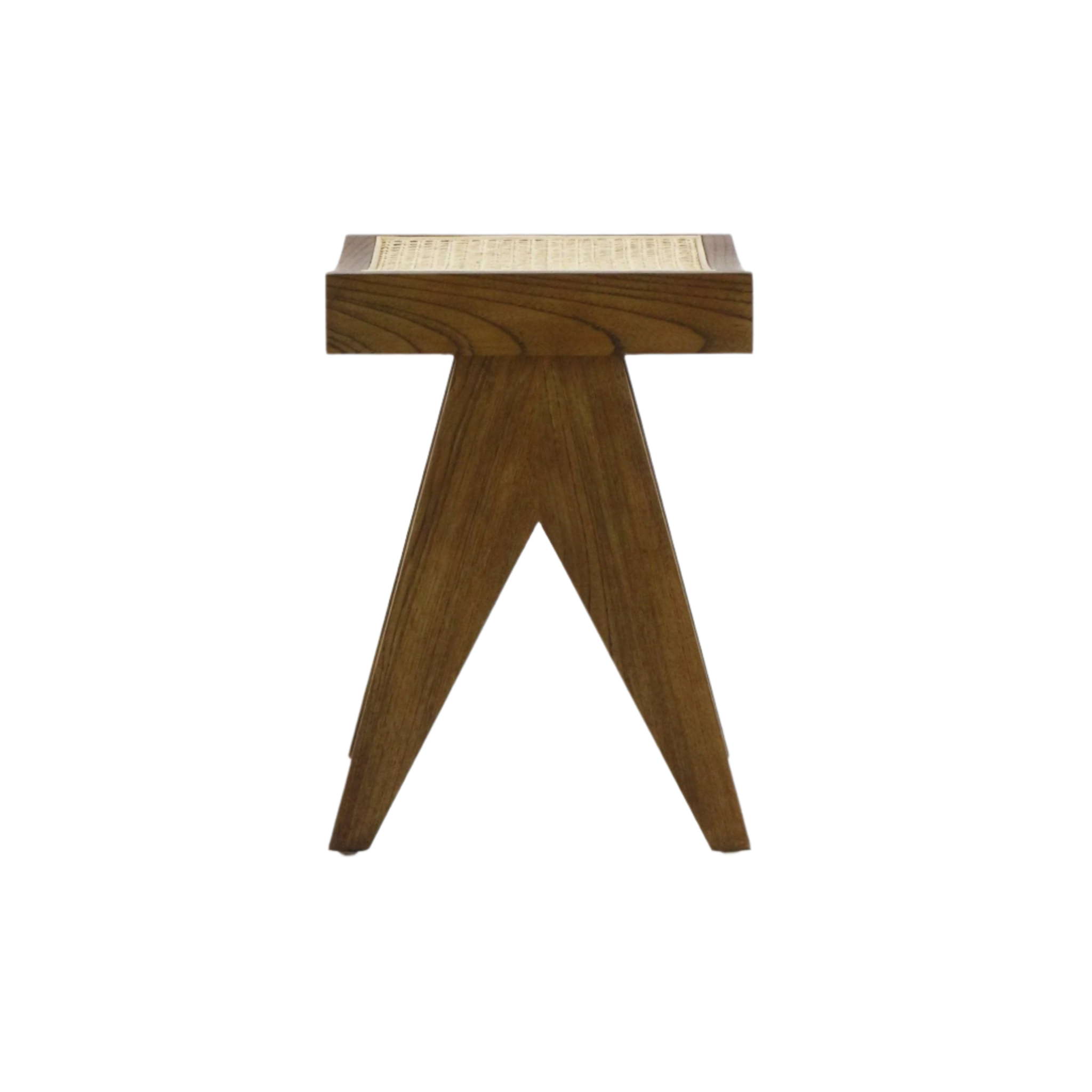 Backless footstool in natural solid wood with a woven cane seat and angled A-frame legs finished in medium brown for a mid century modern look.