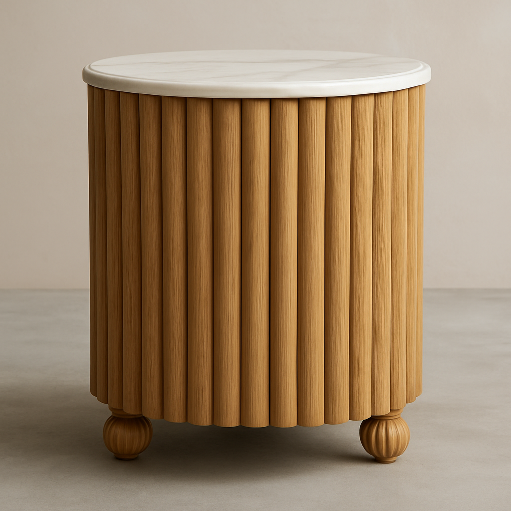 Round white marble top resting on a fluted oak nightstand base with vertical slats and turned bun feet, finished in natural oak and shown on a neutral studio floor.
