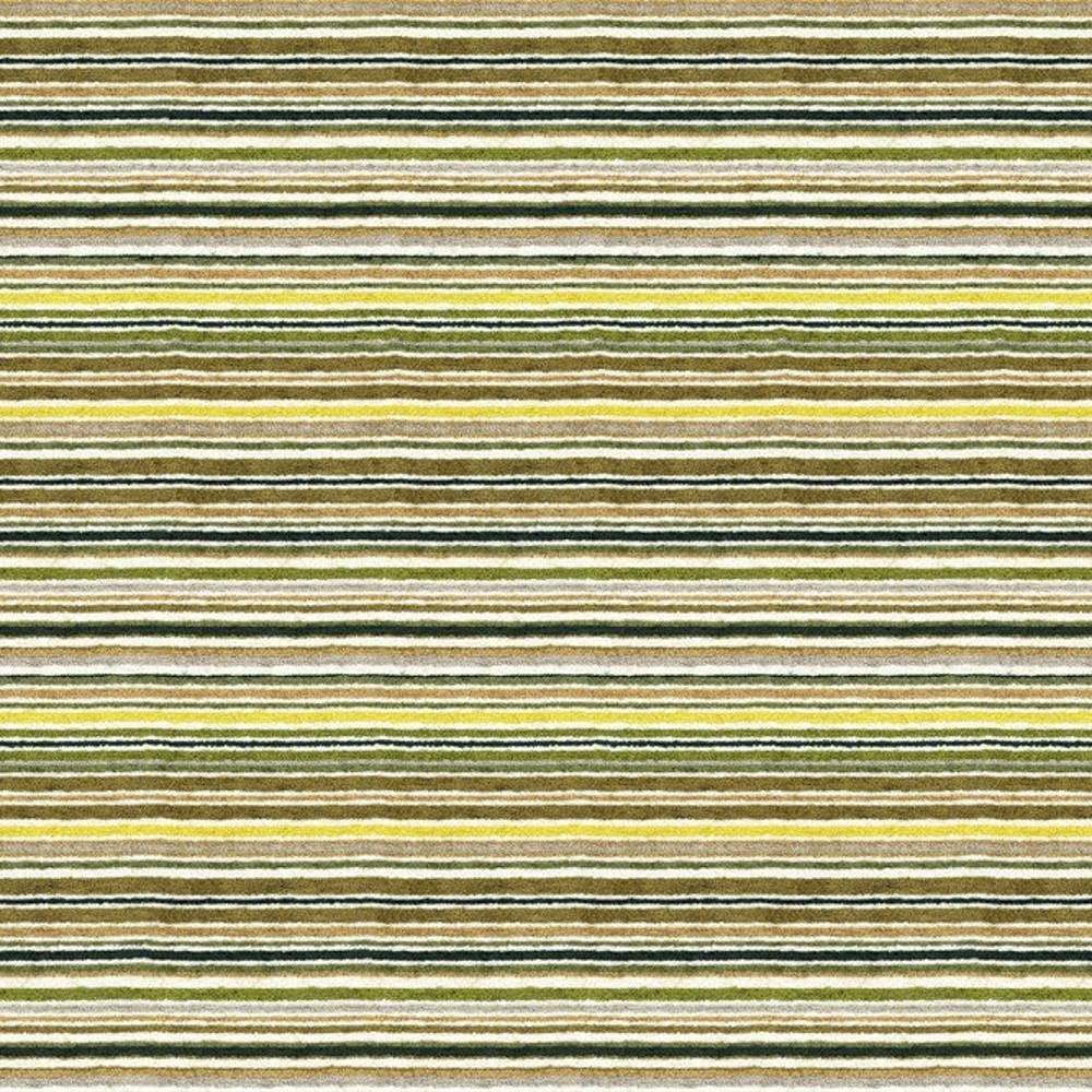 Close-up of R1753 contemporary stripe upholstery fabric in a 90% viscose blend, showing horizontal thin stripes in green, yellow, olive, brown and cream with a soft, textured weave suited for sofas.