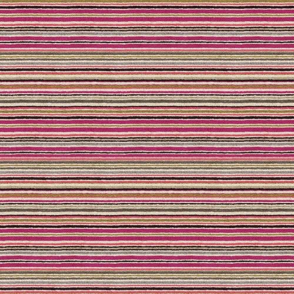 Close-up of contemporary striped upholstery fabric with narrow horizontal bands in vibrant pink, beige, olive and black; soft viscose-blend texture suitable for sofas.