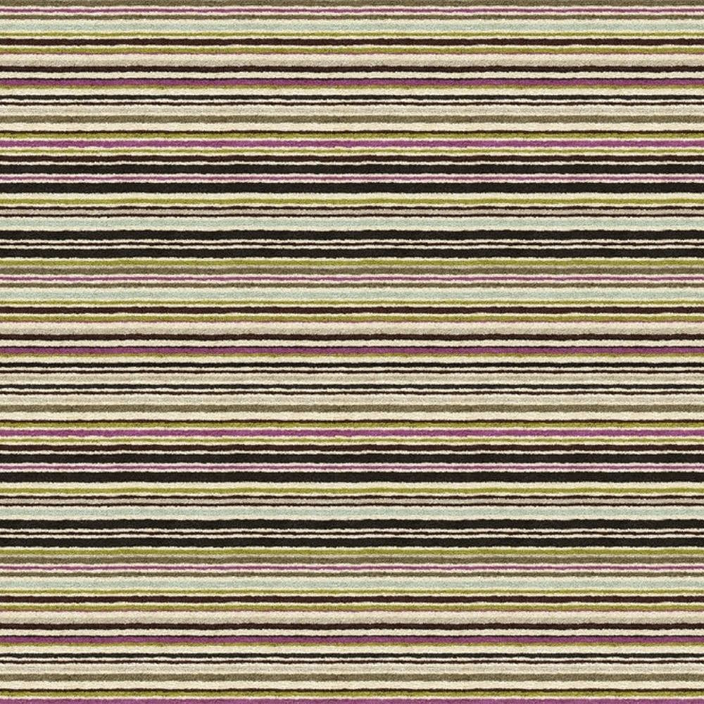 Close-up of contemporary viscose-blend upholstery fabric showing horizontal multicolor stripes in cream, olive green, yellow, purple and dark brown with varied thin and thick stripe bands for sofa use.