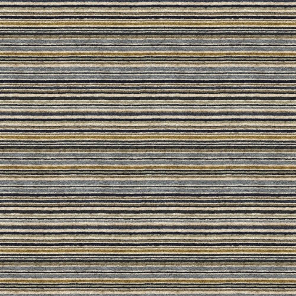 Close-up of contemporary stripe upholstery fabric with narrow horizontal stripes in gray, navy, beige and mustard yellow on a woven 90% viscose, 1.5% acrylic, 8.5% polyester blend.