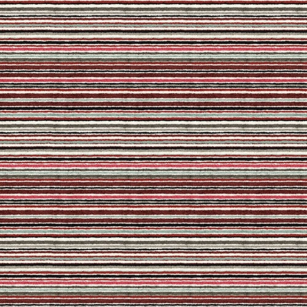 Close-up of a striped upholstery fabric sample with narrow horizontal bands in burgundy, coral, gray, cream and black on a soft 90% viscose-blend, contemporary sofa-ready pattern.