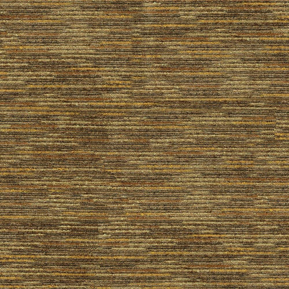 Close-up of textured viscose-blend upholstery fabric in brown, gray and golden tones with subtle horizontal stripe pattern, shown for contemporary sofa use.